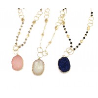 Kaira Beaded Oval Druzy Stone Long Necklace